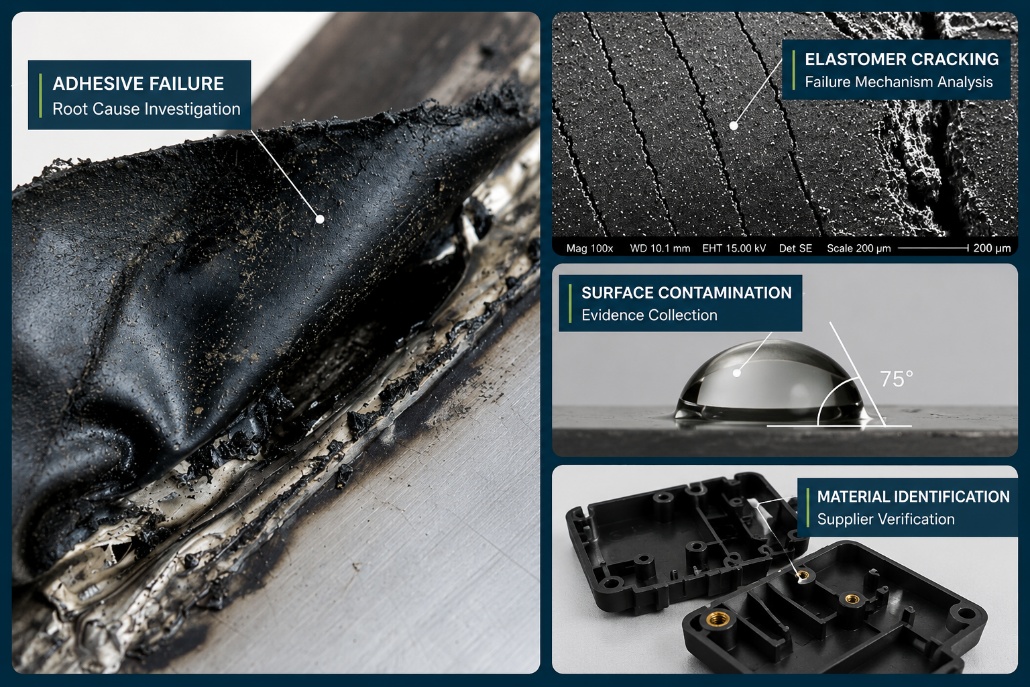 ClearRoot investigation collage showing adhesive failure, elastomer cracking, surface contamination, and material identification visuals