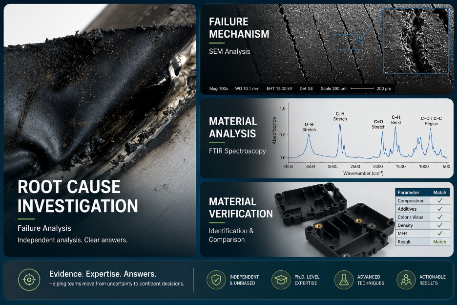 Root cause investigation collage with failure surface, SEM analysis, FTIR material analysis, and material verification visuals